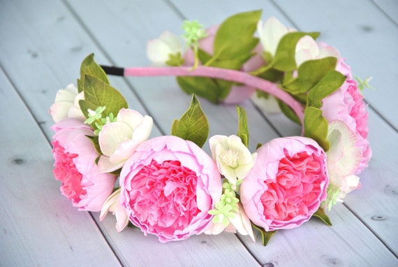 Pink Peony Flower Crown, Boho Wedding Headband - Etsy display picture 1