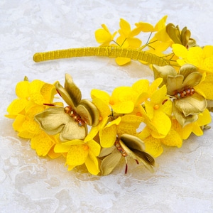 Butterfly headband Hydrangea flower crown yellow Butterfly headpiece Gold yellow flower girl headband
