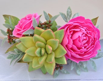 Succulent hair comb Hot pink flower hair piece  Green succulent flower hair clip Rose peony bridal hair piece Wedding floral headpiece