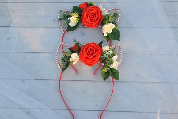 Cat Ears Headband Floral Flower Girl Headband Red Roses - Etsy
