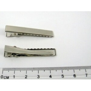 Puede incluir: Dos pinzas de cocodrilo plateadas, cada una mide aproximadamente 4 cm de largo, se muestran sobre un fondo blanco. Una regla es visible en la parte inferior de la imagen.