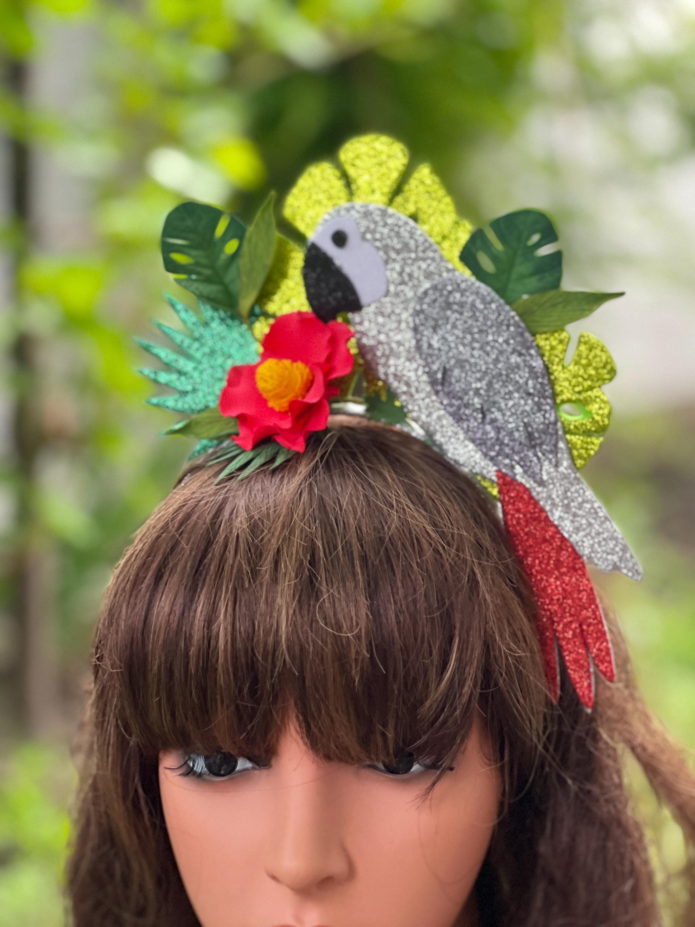 Tropical Birds Handmade Turban Headband Gray Parrot Headband, Tropical Flower & Palm Leaf Crown - Etsy main image 4