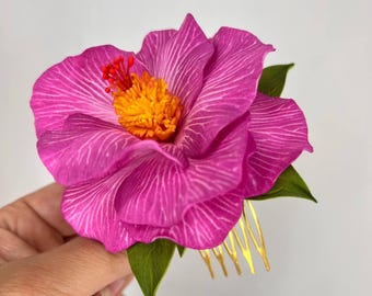 Handgemachte Hot Pink Hibiskus Haarspange - Tropischer Strand Hochzeitshaarteil