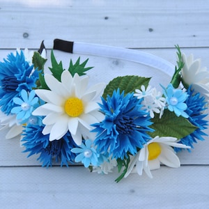 Cornflowers headband Daisy flower crown Country wedding crown White blue wildflowers hair piece Ukrainian headpiece