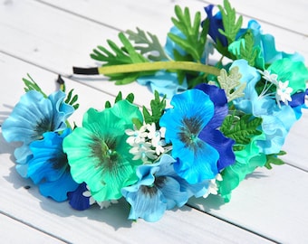 Hawaiian flower crown Turquoise blue flower crown wedding Mint blue headpiece Aquamarine flower headband Beach wedding crown