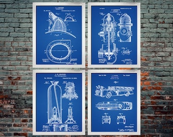 Firefighting Patent BluePrint Set of 4 - Firefighter Art Posters - Fire House - Fire Equipment - Firefighter - Home Decor (DOWNLOAD)