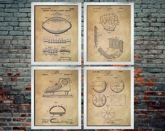 Sports Patent Prints set of 4, Football, Baseball, Basketball, Hockey, Room Decor, Sports Decor (INSTANT DOWNLOAD)