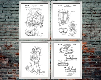 Diving Patent Print (Set of 4) Dive Poster - Diver Wall Art - Diver Watch - Diving Helmet - Scuba Wall Art - Diving Art [DIGITAL DOWNLOAD]