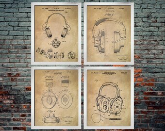 Headphone Patent Print (Set of 4) / Headphones / Audio / Music Design / Set of Four Prints (INSTANT DOWNLOAD)