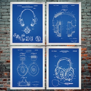Headphone Patent Print (Set of 4) / Headphones / Audio / Music Design / Set of Four Prints (INSTANT DOWNLOAD)