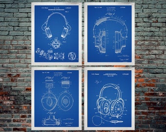 Headphone Patent Print (Set of 4) / Headphones / Audio / Music Design / Set of Four Prints (INSTANT DOWNLOAD)