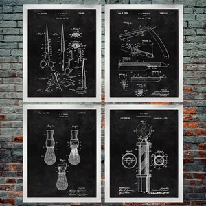 Barber Patent Print (4er Set) - Rasierpinsel / Schere / Barber Pole / Cutthroat Razor / Vintage Barbier - (INSTANT DOWNLOAD)