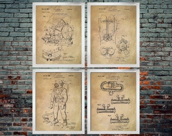 May include: Set of four vintage patent drawings for diving equipment. The drawings are in black and white and feature illustrations of a diving helmet, a diving suit, and a diving apparatus. The drawings are on a beige background with a distressed look.