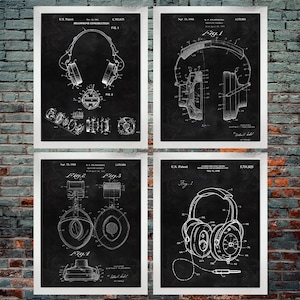 Headphone Patent Print (Set of 4) / Headphones / Audio / Music Design / Set of Four Prints (INSTANT DOWNLOAD)