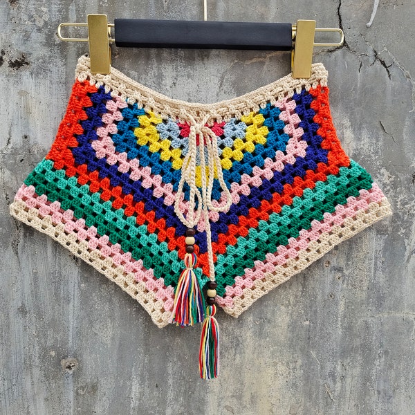 Handmade Crochet Bikini Pant Women Beach Shorts Striped Beads