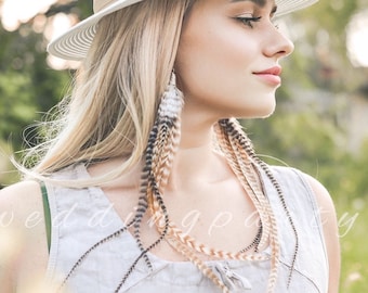 Grizzly Striped Feather Earrings, Boho feather earrings, Long feather earrings, Hippie earrings, Bohemian earrings, Long Feather Earrings