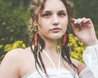 Feather earrings, Boho Feather Earrings, Hippie earrings, Bohemian earrings, Long Feather Earrings, Boho Earrings, Red feather earrings
