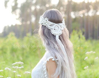 Velo in macramè, velo da sposa in macramè, velo boho, accessorio per capelli in macramè, velo boho, accessorio per addio al nubilato, fascia per capelli in macramè, velo unico