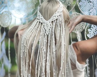 Velo in macramè, velo da sposa in macramè, velo boho, accessorio per capelli in macramè, velo boho, accessorio per addio al nubilato, fascia per capelli in macramè, velo da sposa