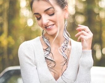 Extra Long feather earrings, Grizzly Striped Feather Earrings, Hippie earrings, Bohemian earrings, Long Feather Earrings, Boho Earrings