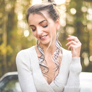 Extra Long feather earrings, Grizzly Striped Feather Earrings, Hippie earrings, Bohemian earrings, Long Feather Earrings, Boho Earrings