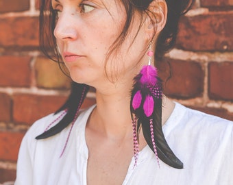 Long feather earrings, Hippie earrings, Bohemian earrings, Pink Feather Earrings, Feather jewelry, Boho Earrings, Boho festival jewelry