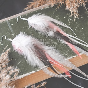 Boho feather earrings, Long feather earrings, Grizzly Striped Feather Earrings, Hippie earrings, Bohemian earrings, Long Feather Earrings