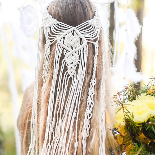 Boho Macrame Wedding Set Bridal Veil Headpiece Bouquet Wrap - Etsy