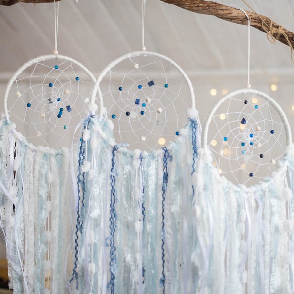 Crystal Dreamcatcher set 3 pieces, Blue dream catchers set, Nursery decor, Wedding dream catchers set, Baby boy bedroom decor, Baby shower