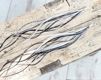 Extra Long feather earrings, Grizzly Striped Feather Earrings, Hippie earrings, Bohemian earrings, Long Feather Earrings, Boho Earrings