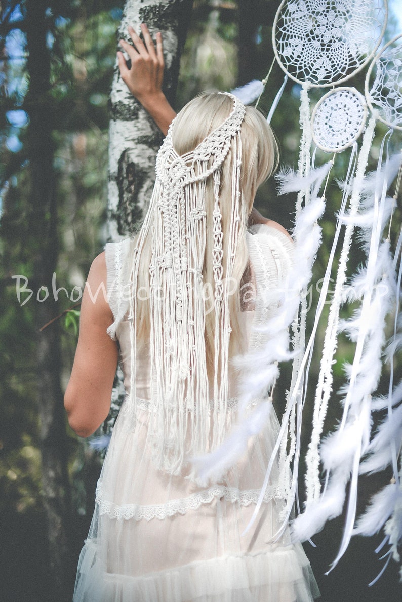 Makramee Schleier, Makramee Hochzeit Schleier, Boho Schleier, Makramee Haarteil, Boho Schleier, Brautparty Zubehör, Makramee Stirnband, Einzigartige Schleier Bild 7