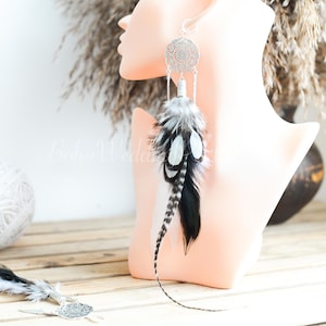 Grizzly Striped Feather Earrings, Boho feather earrings, Long feather earrings, Hippie earrings, Bohemian earrings, Long Feather Earrings