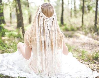 Velo in macramè, velo da sposa in macramè, velo boho, accessorio per capelli in macramè, velo boho, accessorio per addio al nubilato, fascia per capelli in macramè, velo unico