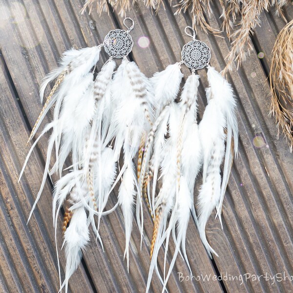 Longues boucles d'oreilles plumes, boucles d'oreilles plumes blanches, boucles d'oreilles hippies, boucles d'oreilles bohèmes, boucles d'oreilles longues, boucles d'oreilles bohèmes, boucles d'oreilles blanches