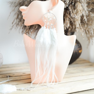 Dreamcatcher earrings, Long feather earrings, Grizzly Feather Earrings, Hippie earrings, Asymmetric earrings Boho Earrings, Hoop earrings