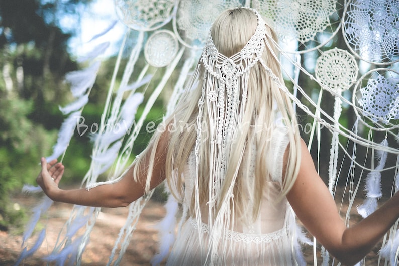 Makramee Schleier, Makramee Hochzeit Schleier, Boho Schleier, Makramee Haarteil, Boho Schleier, Brautparty Zubehör, Makramee Stirnband, Einzigartige Schleier Bild 8