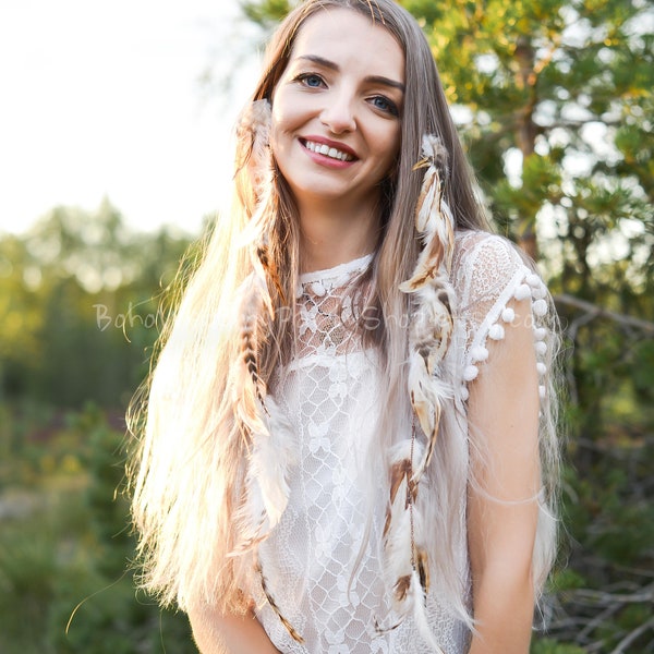 2 pcs Boho Feather Hair clips, Feather Hair clip Boho headpiece, Feather jewelry, Brown feather clip, Festival accessories Feather Extension