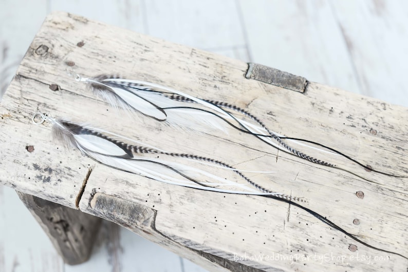 May include: Two long feather earrings with white, black, and brown feathers. The earrings are displayed on a weathered wooden surface. Each earring has a silver-colored ring at the top for attachment.