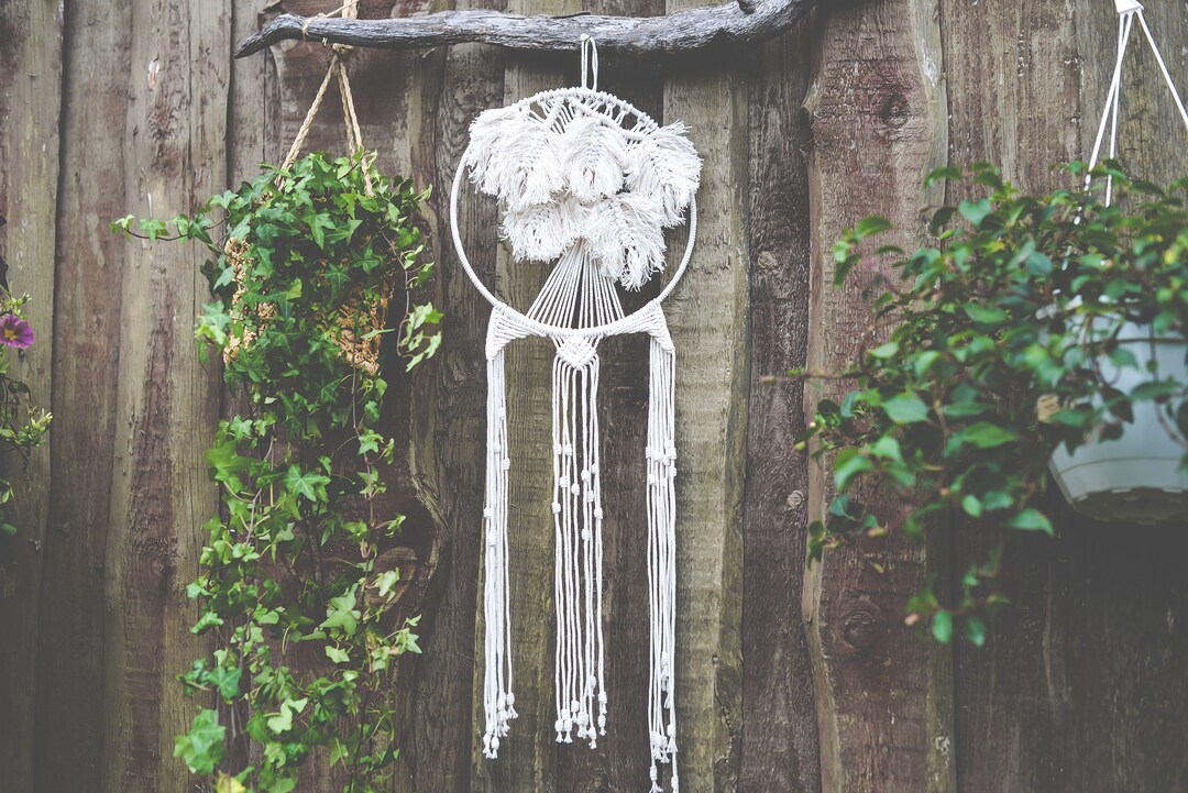EasyBravo Grand Capteur De Rêves Boho Plumes Blanches Macramé 115cm - Décoration Murale Vintage