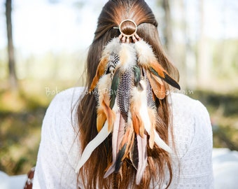 Veren hoofddeksel, Boho zendspoel, veren sieraden, veren hoofdband, Festival haaraccessoires, bruiloft haarstuk, veren hoofdband