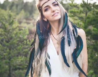 Black Feather headpiece, Black boho headpiece,  Boho veil, Feathers Hairpiece, Bohemian veil, Feather Headband, Feathers veil, Festival hair