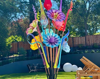 Blown Glass Flower Sculpture: Large Garden Art Bouquet