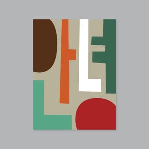 Könnte beinhalten: Abstrakter Kunstdruck mit beigem Hintergrund und geometrischen Formen in Braun, Orange, Weiß, Grün, Rot und Türkis. Die Formen umfassen Kreise, Rechtecke und Buchstabenformen. Das Kunstwerk ist von einem grauen Rahmen umgeben.