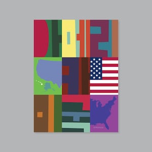 America Poster in Hangul – Korean Typography with USA Map and Flag USA Wall Art  #G119