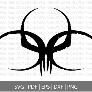 May include: Black and white biohazard symbol with a grunge texture. The symbol is made up of three circles with a jagged, pointed design in the center.