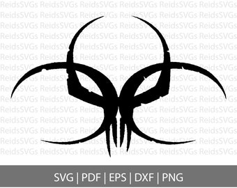 May include: Black and white biohazard symbol with a grunge texture. The symbol is made up of three circles with a jagged, pointed design in the center.