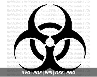 May include: A black biohazard symbol graphic, a warning sign, against a white background. The symbol is a stylized design with three curved arms and a central circle. Below the symbol are the file type options: SVG, PDF, EPS, DXF, and PNG.