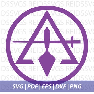 以下が含まれることがあります： 紫色の円の中に紫色の三角形があります。三角形の中央には、紫色のこてと紫色の剣が交差しています。円の真下に「SVG | PDF | EPS | DXF | PNG」というテキストがあります。