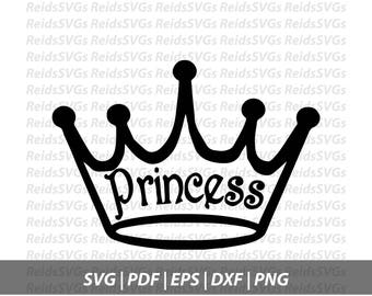 May include: Black and white silhouette of a crown with the word "Princess" written inside. The crown has five points and is a common symbol of royalty.
