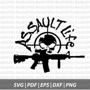 May include: Black and white graphic design of a skull in a target sight with a rifle below. The text "Assault Life" is written around the target sight.